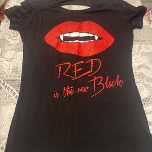 Black Vampire lip blouse with spilt in black.
